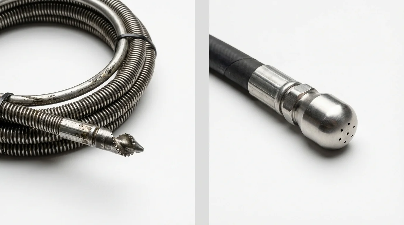 Drain snake cable and hydro jetting nozzle used for drain cleaning in Brownville, ME