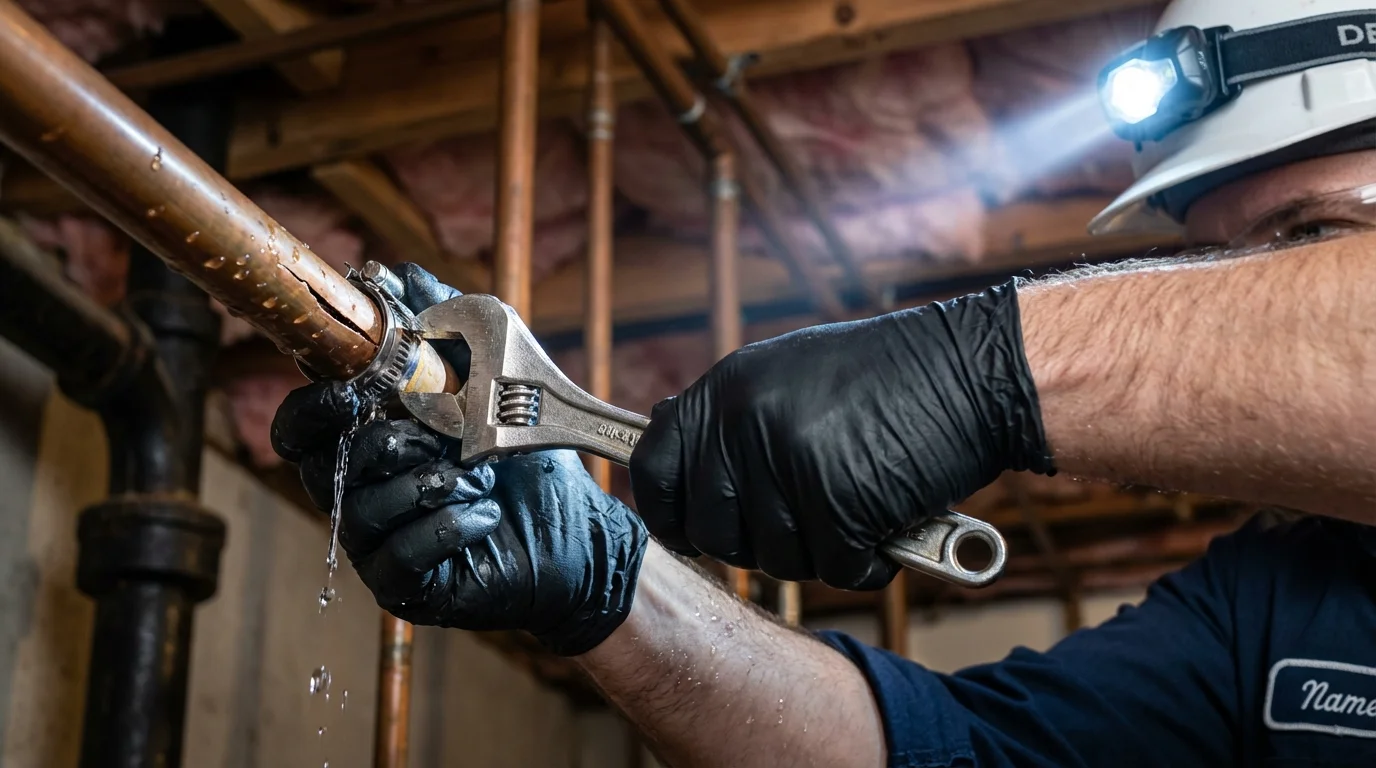 Emergency pipe clamp repair being performed by a Johns Plumbing LLC plumber in Brownville
