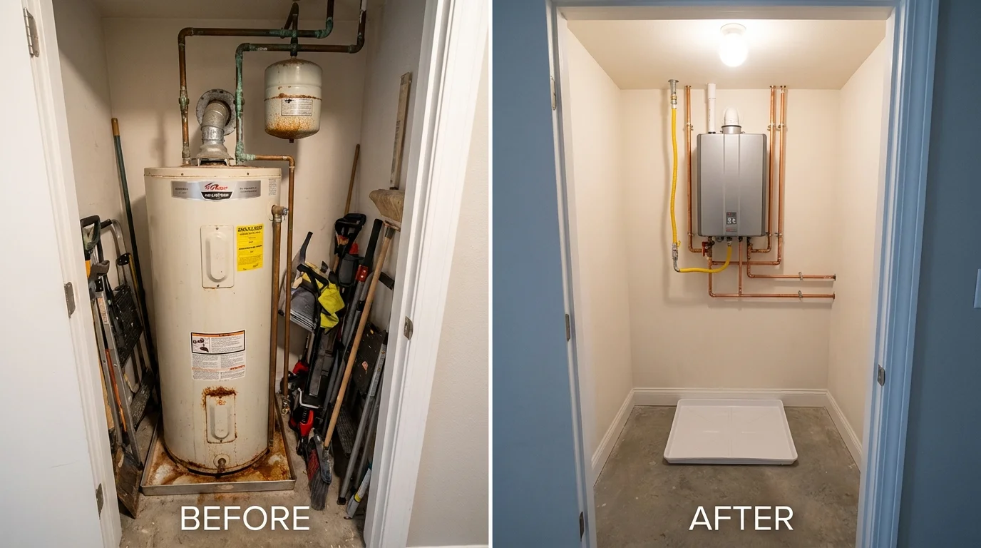 Tank water heater versus wall-mounted tankless unit comparison for Brownville, ME homeowners