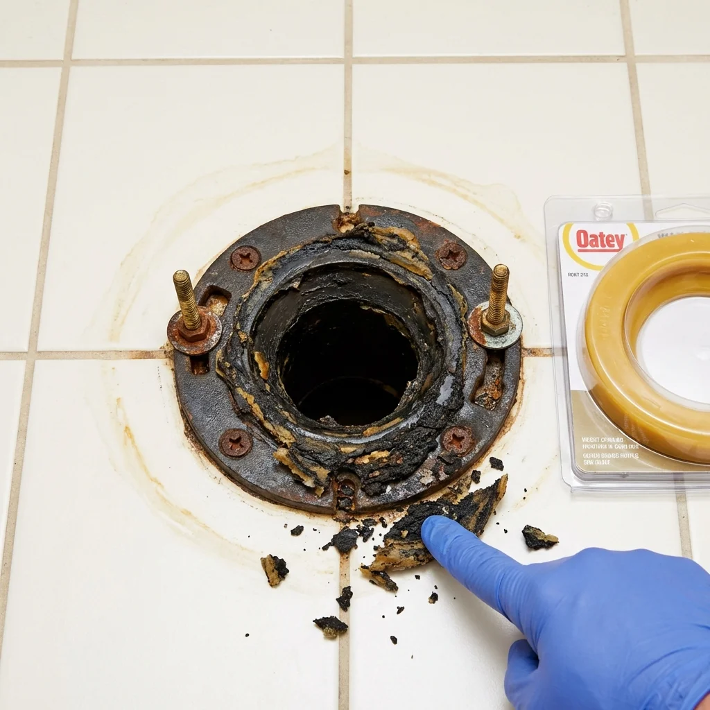 Failed wax ring showing water seepage at the base of a toilet in a Brownville, ME home