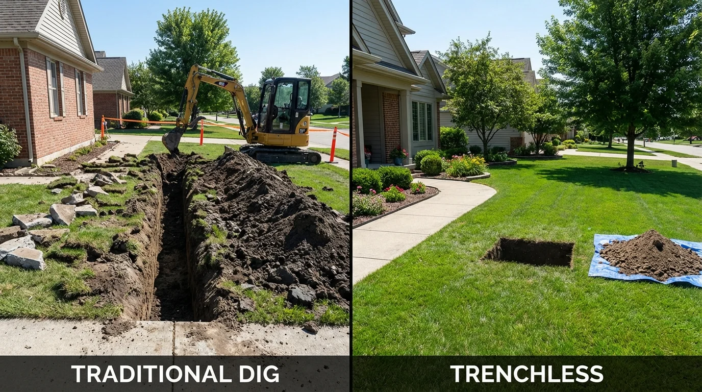 Trenchless sewer repair with minimal yard damage versus traditional excavation in Brownville, ME